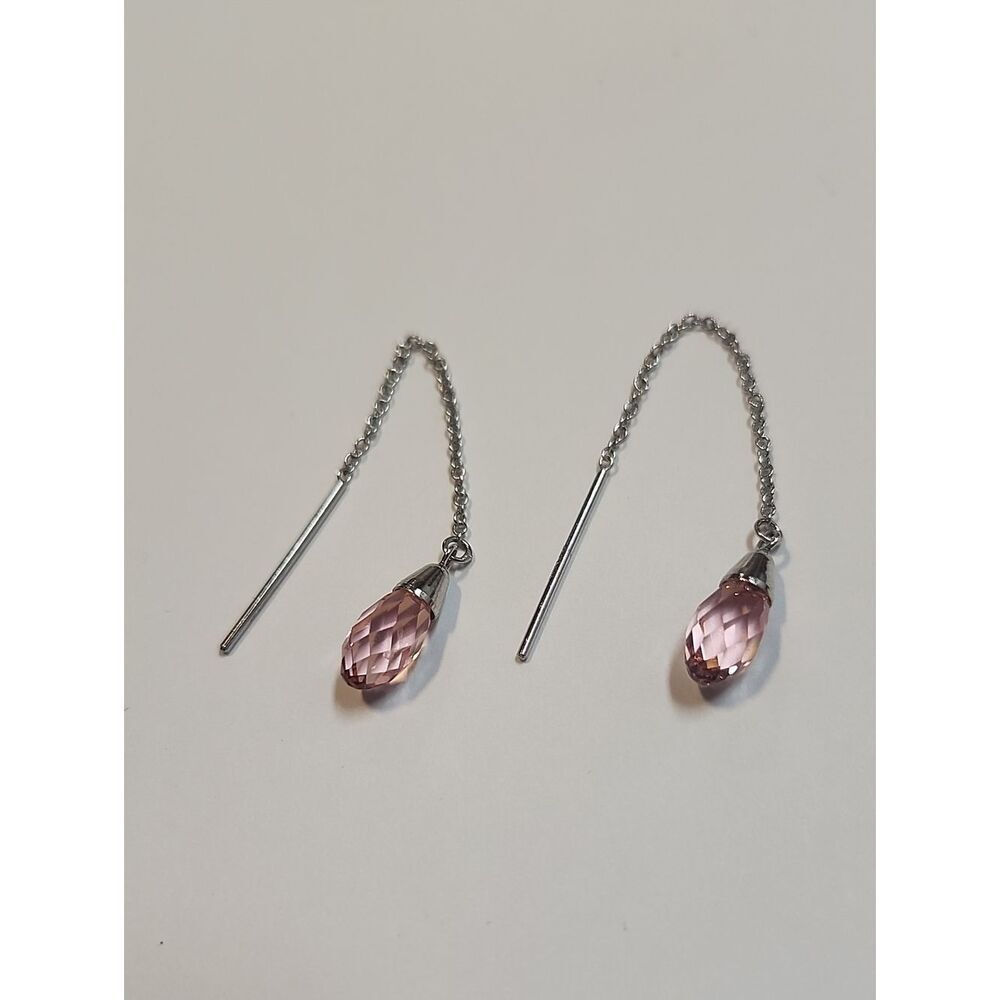 Sterling Silver Threader Earrings with Pink Faceted Teardrop 925